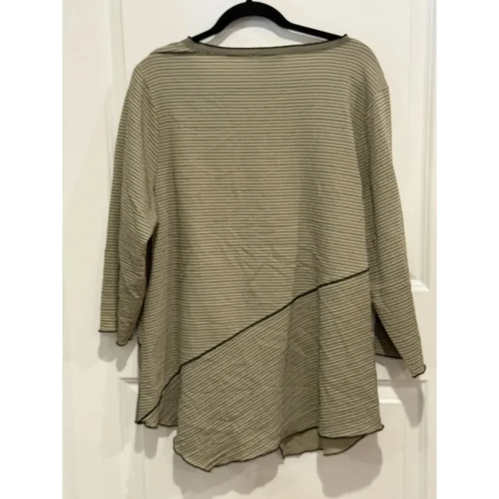 Habitat Tunic Top Green Striped Textured Chopstick Buttons Lagenlook Artsy XL - Picture 2 of 7